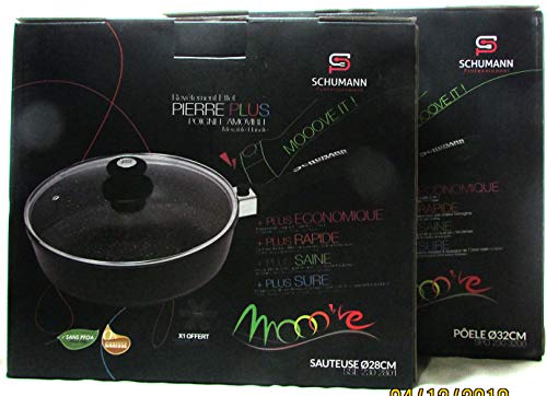 Schumann Professionnel - Poêle Revêtement en Pierre 32cm - Sauteuse 28cm - Compatibles Tous feux dont Induction - Fonte d'Aluminium Sans PFOA - Manches Amovibles en Silicone - Couvercles Inclus