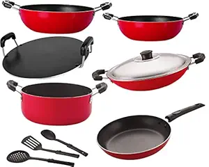 Nirlon Non-Stick Gas Compatible Aluminium Cookware Utensils Combo Gift Set Offer 9 Piece [26_KD12_KD13_CH_RT_Cass20_TP24_3SPN]
