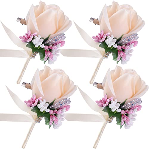 4 Stück Bräutigam Boutonniere für Hochzeit Künstliche Rose Corsage und Boutonniere Set Handgemachte Seidenblumen Korsagen für Trauzeugen Zubehör Party Abschlussball Anzug Dekoration, Champagner Cover