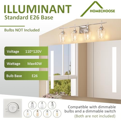 Image of Vanity Bathroom Light, 4-Light Bathroom Light Fixtures Over Mirror, Silver Vanity Lights for Bathroom with Clear Glass, Modern Wall Lamp for Cabinet Hallway, Bedroom