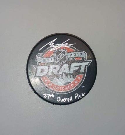 Morgan Frost Flyers Autographed 2017 Draft Hockey Puck with \'27th Overall Pick\' Inscription
