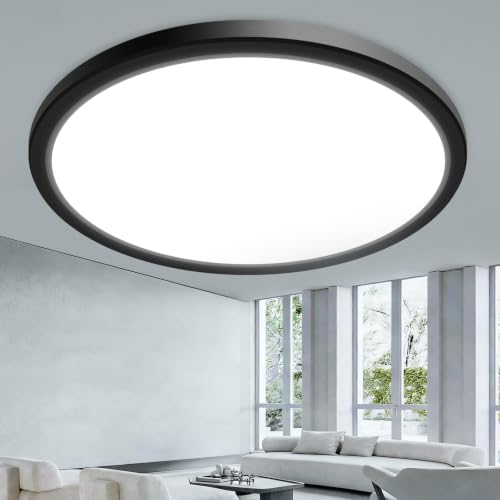 slochi LED Deckenleuchte 39CM 36W, 3 Farben Deckenlampe 3000K/4000K/6500K, Flach Rund Badezimmer Lampe Wasserfest, Schwarz BadLampe Decke für Schlafzimmer Wohnzimmer Küche