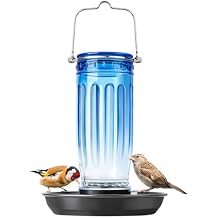 Kingsyard Glass Bird Water Dispenser for Outdoor, 16 Oz, Bird Water Feeder with Metal Hanging for Garden Yard Fence Decoration Hummingbird Cardinal Bluebird Finch, Blue