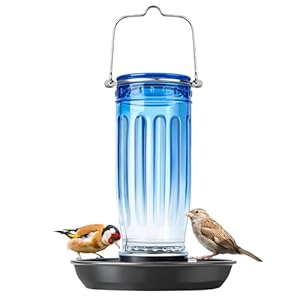 Kingsyard Glass Bird Water Dispenser for Outdoor, 16 Oz, Bird Water Feeder with Metal Hanging for Garden Yard Fence Decoration Hummingbird Cardinal Bluebird Finch, Blue