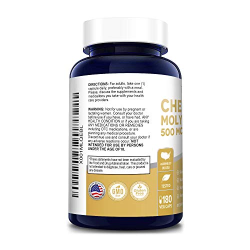 Chelated Molybdenum 500 Mcg 180 Vegetarian Caps (Gluten Free & Non-Gmo) #TOP6