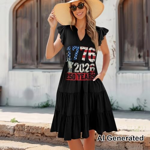 Image of Womens Summer Dress Ruffle Sleeve V Neck Dress Casual Fit Flowy Beach Vacation Sundress with Pocket S-2XL