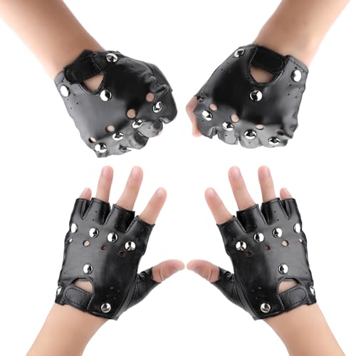 Paidiem 2 Pairs Steampunk Gloves - Biker Glove Biker Gloves for Black Leather Gothic Fingerless Gloves Rivet Motorcycle Accessories Rocker Costume for Men Guitar Retro Punk Style Fashion Women