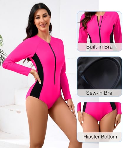 Halcurt Women's Long Sleeve One Piece Rash Guard Swimsuit Zip Front UPF50+ Surfing Swimwear2