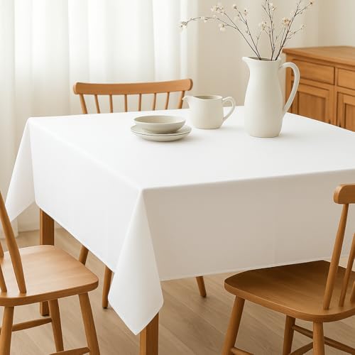 Image of R home 100% Cotton Solid Table Cover | 200 GSM Thick Fabric, Anti-Skid | Machine Washable & Reusable | Ideal for Dining Table & Centre Table, Easy Maintenance | White | 56 x 56 Inch