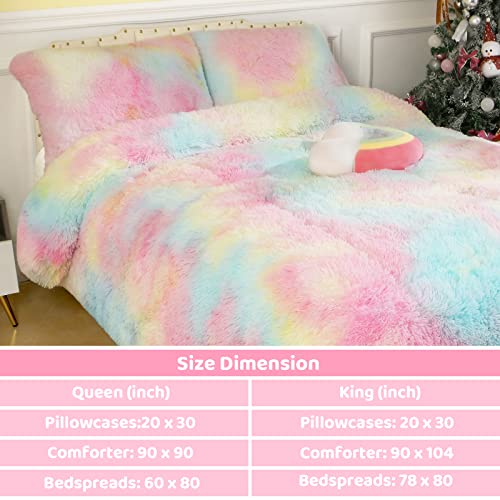 Arogan Plush Shaggy Duvet Cover King Size, 4 Pcs Ultra Soft Velvet Fuzzy Bedding Set, Colorful Rainbow Comforter Set For Girls, Teens - (1 Faux Fur Duvet Cover, 1 Luxury Bedspread And 2 Pillowcases) #TOP2