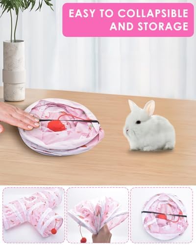 Bissap 토끼 터널, 24.9cm(9.8인치) 접이식 토끼 터널 및 튜브 3가지 방법 애완동물 은신처, 실내 새끼 고양이, 난쟁이 토끼, 토끼, 기니피그, 친칠라, 작은 동물 활동, 재미있는 장난감 (핑크) — 사진 3