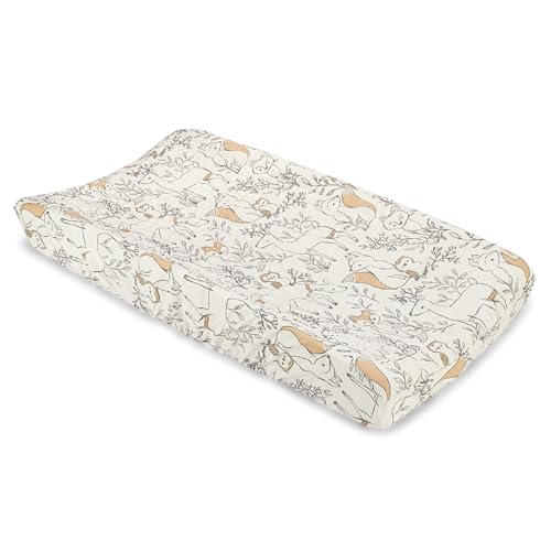 Image of Crane Baby Woodland Quilted Changing Pad Cover, Animal Fox Print, Cotton Sateen, Secure Elastic Fit, Neutral Woodland Animal Nursery Decor for Boys and Girls, Diaper Changing Pad Cover