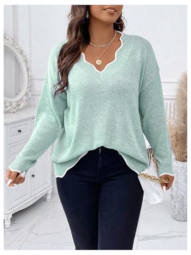 Image of MakeMeChic Women's Plus Size Long Sleeve Sweaters Scalloped V Neck Knit Cozy Sweater Pullover Blue 2XL