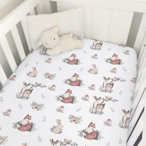 Image of Baby Animals Leaves Mushroom Baby Crib Sheet 52''x28'' Deer Rabbit Fox Floral Snug Fitted Mattress Sheet for Boy Girl Nursery Toddler Bed Sheet Fits Standard Crib Toddler Mattress