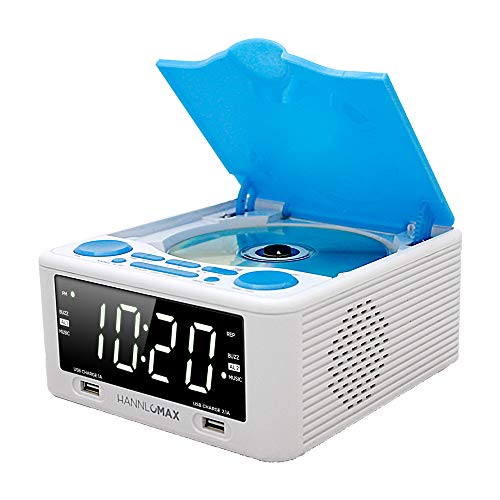 Hannlomax Hx-300Cd Top Loading Cd Player, Pll Fm Radio, Digital Clock, 1.2" White Led Display, Dual Alarms, Dual Usb Ports For 2.1A And 1A Charging, Ac/Dc Adaptor Included (White_Blue) #TOP1