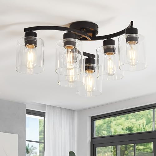 Eatich 6-Light Ceiling Light, Semi Flush Mount Ceiling Light Fixture, Kitchen Lighting Fixtures Ceiling, Farmhouse Black with Clear Glass Shade for for Dining Room Bedroom Living Room