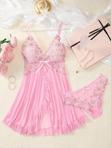 Image of Foxiny Sexy Ruffle Sheer Mesh Lace Wireless Babydoll Lingerie Dress with Thong 2 Piece