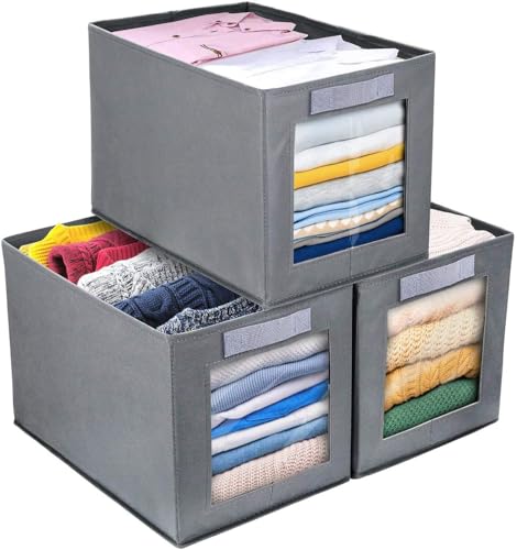 Foldable Wardrobe Storage Boxes 3 Pack Fabric Shelf Clothes Organiser Grey