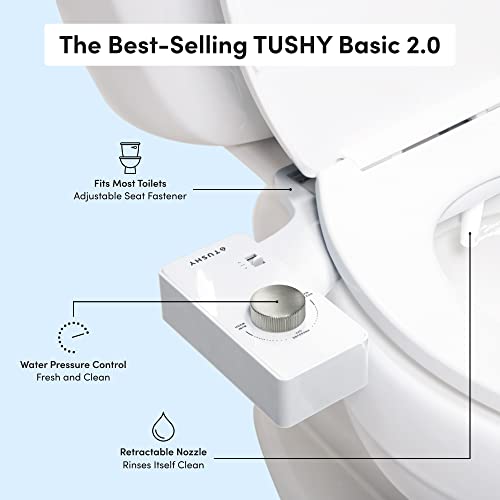 Tushy Basic 2.0 Bidet Toilet Seat Attachment | Modern Sleek Design. Fresh Clean Water Sprayer. (Non-Electric Self Cleaning Adjustable Nozzle), White/Silver Knob #TOP1