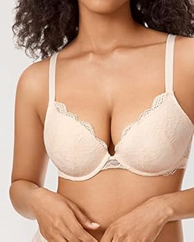 DOBREVA Vrouwen Push Up BH Met Kant Gevoerde Plunge Beugel Volledige Cup Buste Voorgevormde Cups Opaalgrijs 85D