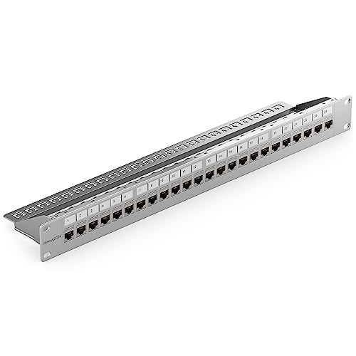 deleyCON 24 Portów Zestaw Paneli Krosowych CAT7 Pole Łatki Pole Dystrybucji Modułowy 1 HE 19" Calowy Montaż w Szafie + 24x CAT 7 Moduły Keystone RJ45 10 Gbit/s 600 MHz Kabel do Układania Szary