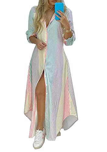 YMING Women's Chic Button Up Lapel Rolled Up Sleeve Long Side Slit Shirt Maxi Sundresses Dress Stripe XXL