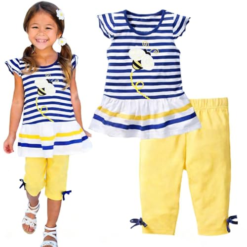 LUKYCILD Toddler Girls Summer Clothes Casual Clothing Suit Short Sleeve Striped T-Shirt and Capri Pants 2 Piece Outfit Set