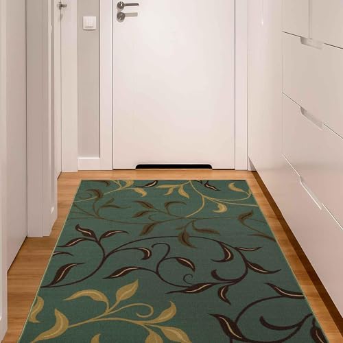 Machine Washable Leaves Design Non-Slip Rubberback 3x5 Traditional Area Rug for Living Room, Bedroom, Kitchen, Dining Room, 3'3