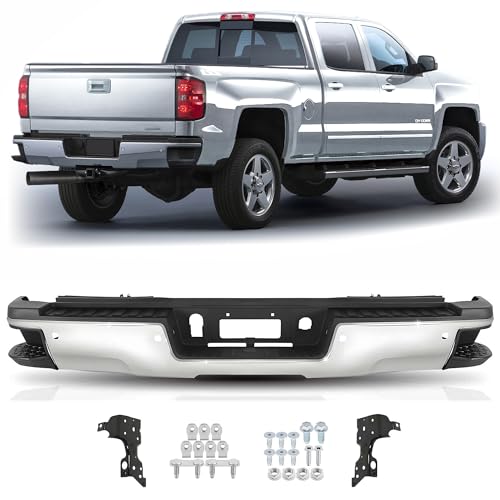 Rear Bumper Assembly Compatible with 2015-2019 Chevy Silverado 2500 HD 3500 HD 15-19 GMC Sierra 2500 HD 3500 HD, Polished Chrome W/Sensor Holes