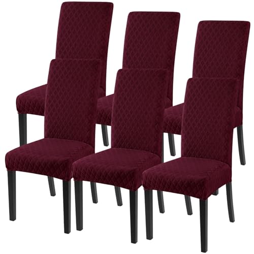 Image of SearchI Dining Room Chair Covers Set of 6, Stretch Jacquard Parsons Chair Slipcovers Super Fit Removable Washable Kitchen Chair Protector Cover for Dining Room, Hotel, Ceremony (Wine Red)