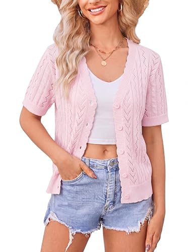 Image of Newshows Womens Short Sleeve Cardigan Summer Cropped Crochet Cardigans Ladies Dress Cover Up Bolero Shrug Pink,M