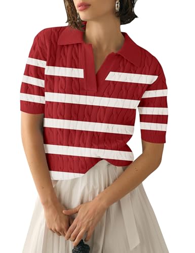 Image of Micoson Womens Short Sleeve Sweater Tops Lapel V Neck Polo Shirts 2026 Summer Cable Knit Loose Blouse Business Casual Outfits