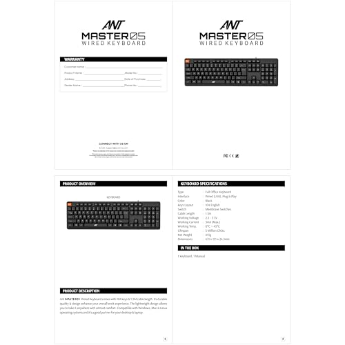 Image of Ant Master 05 Wired USB Keyboard - Full-Size 104 Keys with Numeric Pad | Membrane Silent Typing, 1.3m Cable, Plug & Play | Ergonomic Office & Home Keyboard for PC, Laptop, Mac & Linux - Black
