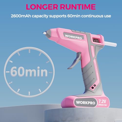 WORKPRO Pink Cordless Hot Melt Glue Gun, 7.2V Rechargeable Fast Preheating Glue Gun Kit with 20 Pc Premium Mini Glue Stick, Automatic-Power-Off Hot Glue Gun for Art, Craft, Decoration - Pink Ribbon by WORKPRO - Image 3