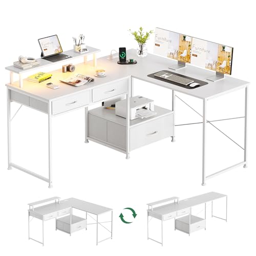 MUTUN 128cm L Shaped Gaming Desk with Power Outlet & LED Light, 200cm 2 Person Long Computer Desk with Drawers, Wooden Corner Home Office Desks with Storage, Rustic Brown