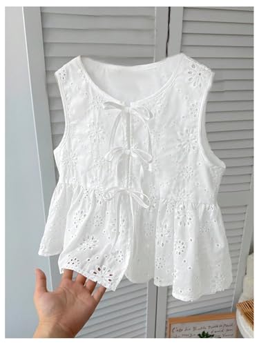 SweatyRocks Girl's Bow Tie Front Eyelet Embroidery Sleeveless Blouses Cute Ruffle Tank Top3
