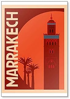 Aimant de réfrigérateur Illustration touristique de Marrakech Vieille tour et palmiers contre le coucher du soleil