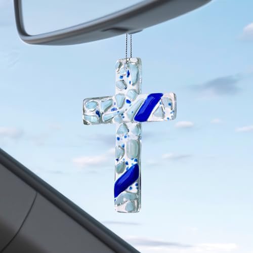 H&D HYALINE & DORA Blue Cross for Car Mirror Hanging Glass Cross Christian Ornaments Christian Gifts for Men Beautiful Jesus Nativity Ornament