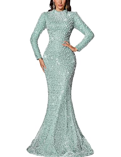 VOUIAO Women Mermaid Formal Evening Gown Beaded Prom Dresses Mint Blue S