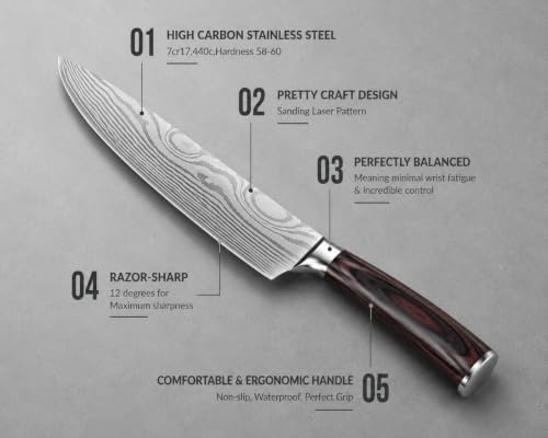 Damascus Chef's Knife with Ergonomic Handle, 8 Inch Ultra Sharp Professional Chef Knife for vegetables, Meat Cutting, Made of German High Carbon Stainless Steel Kitchen Knife for Home & Restaurant — view 5