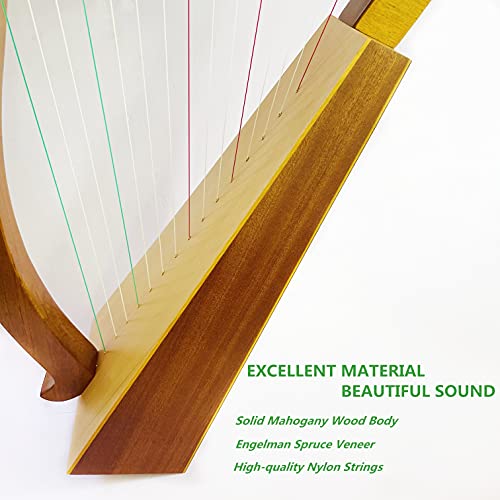 Lyre harp,15 strings Mahogany Lyre Harp For Adult Kids Beginner with Gig Bag Tuning Wrench Black Strap Replacement Strings