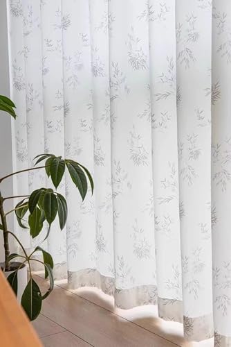 Beydodo 54 Inch Curtains Semi Blackout, Darkening Curtains for Dining Room Pinch Pleat, White Yarn with Leaves Jacquard, Polyester, 52 x 54 inch
