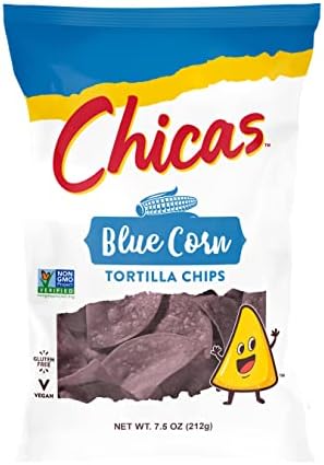 Chicas Tortilla Chips, Blue Corn Tortilla Chips, Lightly Seasoned with Sea Salt, Gluten Free, Vegan & Non-GMO, For Dips, Spreads & More, 7.5-Ounce Bag (Pack of 8)