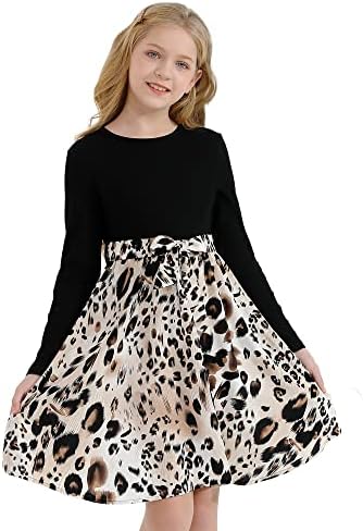 Girls Fall Dress Long Sleeve Casual Black Leopard Dresses Plaid Round Neck with Belt 9-10Y