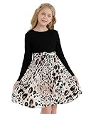 Girls Fall Dress Long Sleeve Casual Black Leopard Dresses Plaid Round Neck with Belt 9-10Y