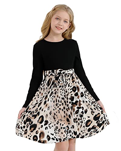 Girls Fall Dress Long Sleeve Casual Black Leopard Dresses Plaid Round Neck With Belt 9-10Y #TOP2