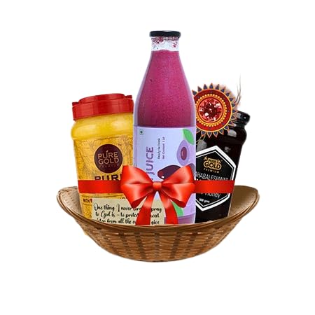 Natural Jamun Juice 1 Ltr Pure Gold Ghee 1kg Wildflower Raw Honey 500gm Exclusive Gourmet Hamper Traditional Indian Meal or a Delightful Treat