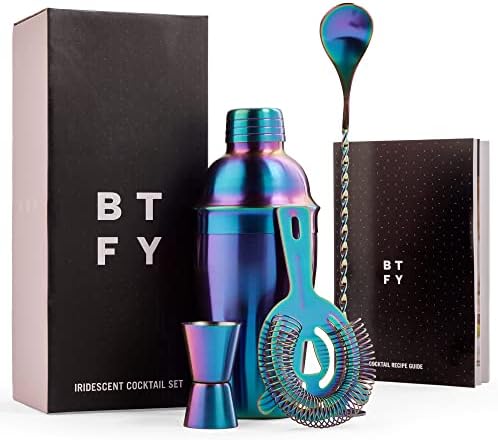BTFY Iridescent Cocktail Making Set 7 Piece  500ml Stainless Steel Cocktail Shaker Set in Gift Box with Accessories Including Shaker, Jigger, Strainer, Spoon and Muddler