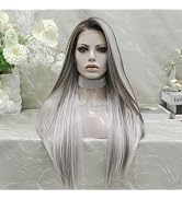 IMSTYLE Sliver Mist Grey with Highlights and Dark Roots 28 Inches Free Part Synthetic Lace Front Wig