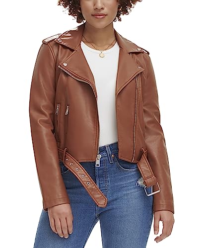 Levi's Women's Faux Leather Belted Motorcycle Jacket (Standard and Plus Sizes), Camel, Large